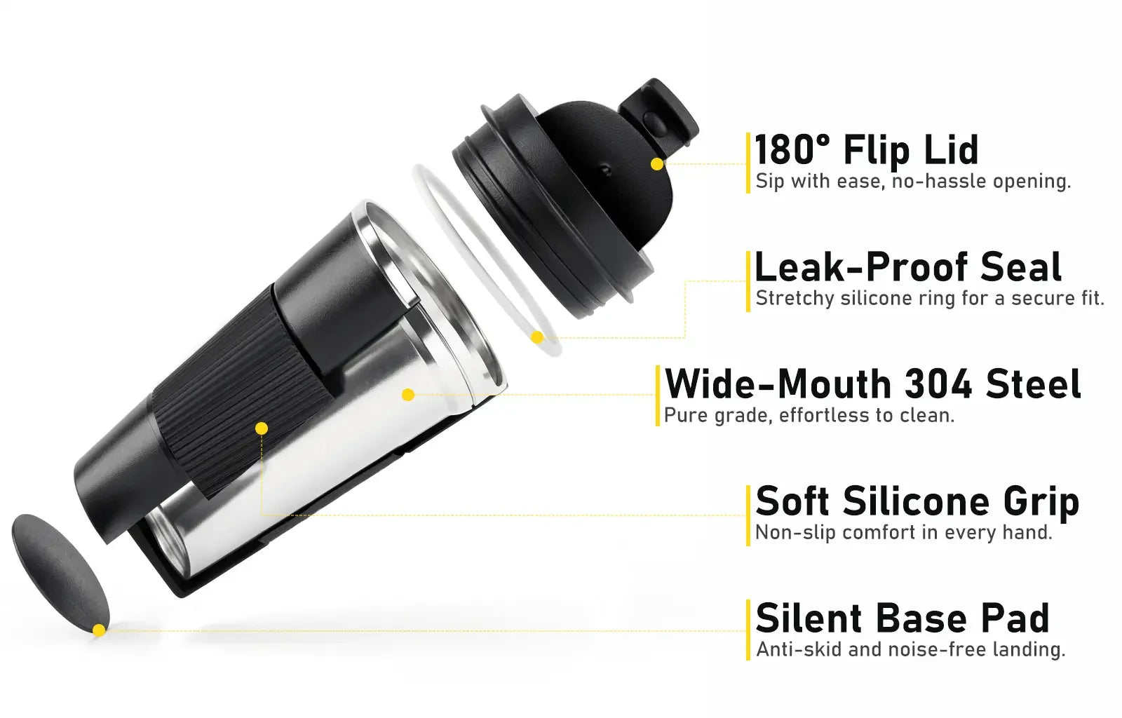Stainless steel travel mug with 180° flip lid, leak-proof seal, soft grip, and silent base pad