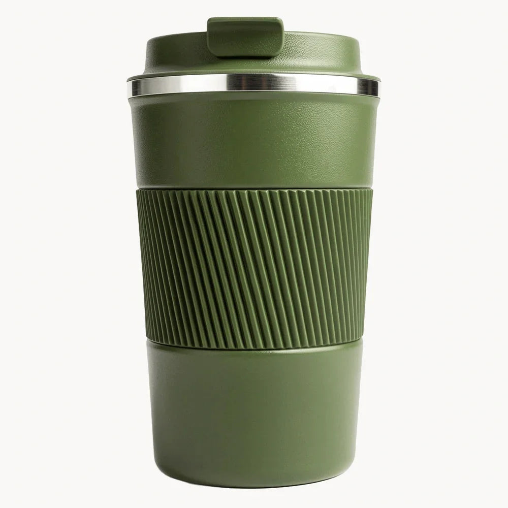 Olive green travel coffee mug with ribbed grip and stainless steel lid