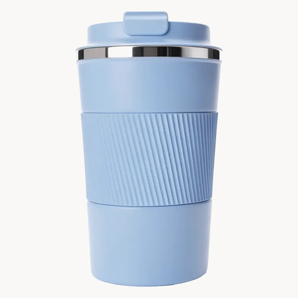 Light blue travel coffee mug with ribbed grip and stainless steel rim