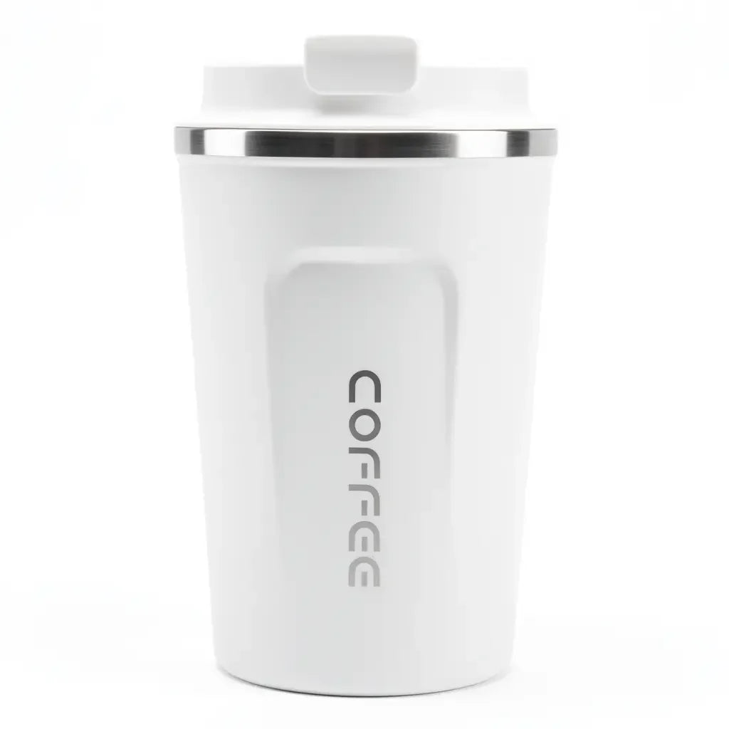 White travel coffee mug with lid, sleek design, portable coffee cup for on-the-go use