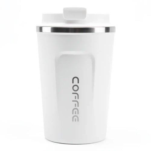 White travel coffee mug with lid, sleek design, portable coffee cup for on-the-go use