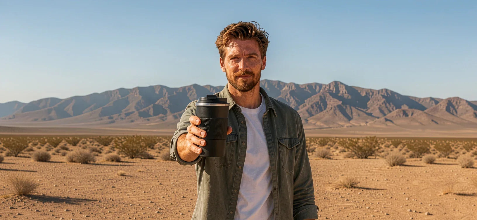 Man holding black travel coffee mug in desert with mountains background