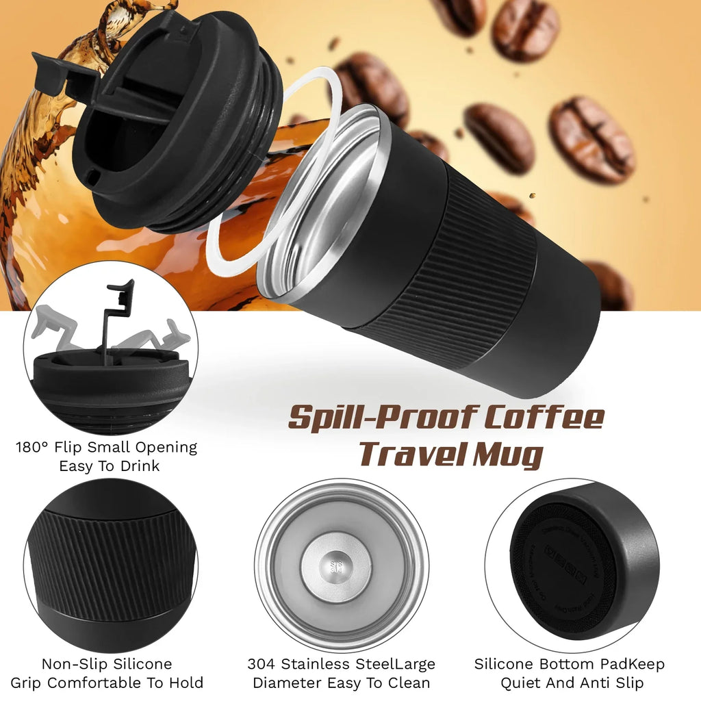 Spill-proof coffee travel mug with 180° flip lid, non-slip grip, and 304 stainless steel interior