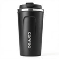 Black travel coffee mug with lid, sleek design, portable for on-the-go use