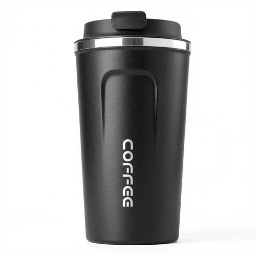 Black travel coffee mug with lid, sleek design, portable for on-the-go use