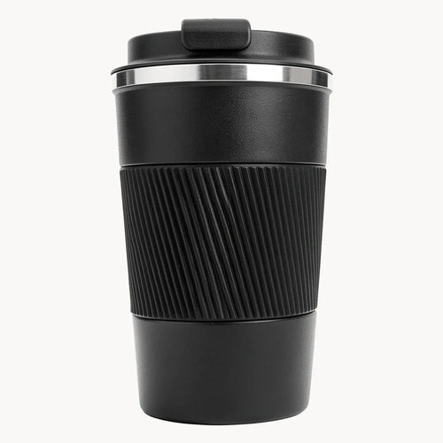 Black travel coffee mug with ribbed grip and lid, ideal for on-the-go use