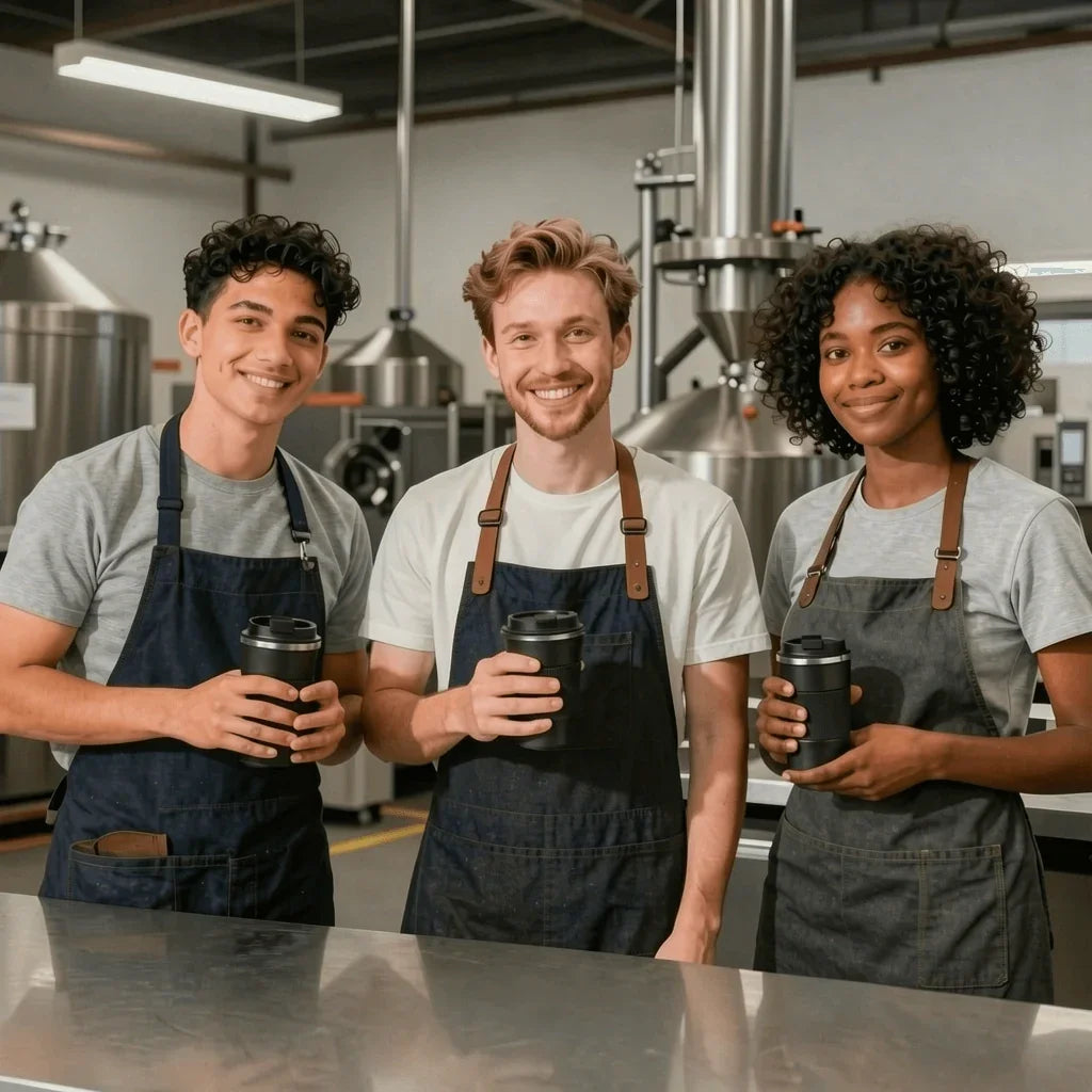 Three smiling baristas in aprons holding coffee cups in a modern café with stainless steel equipment