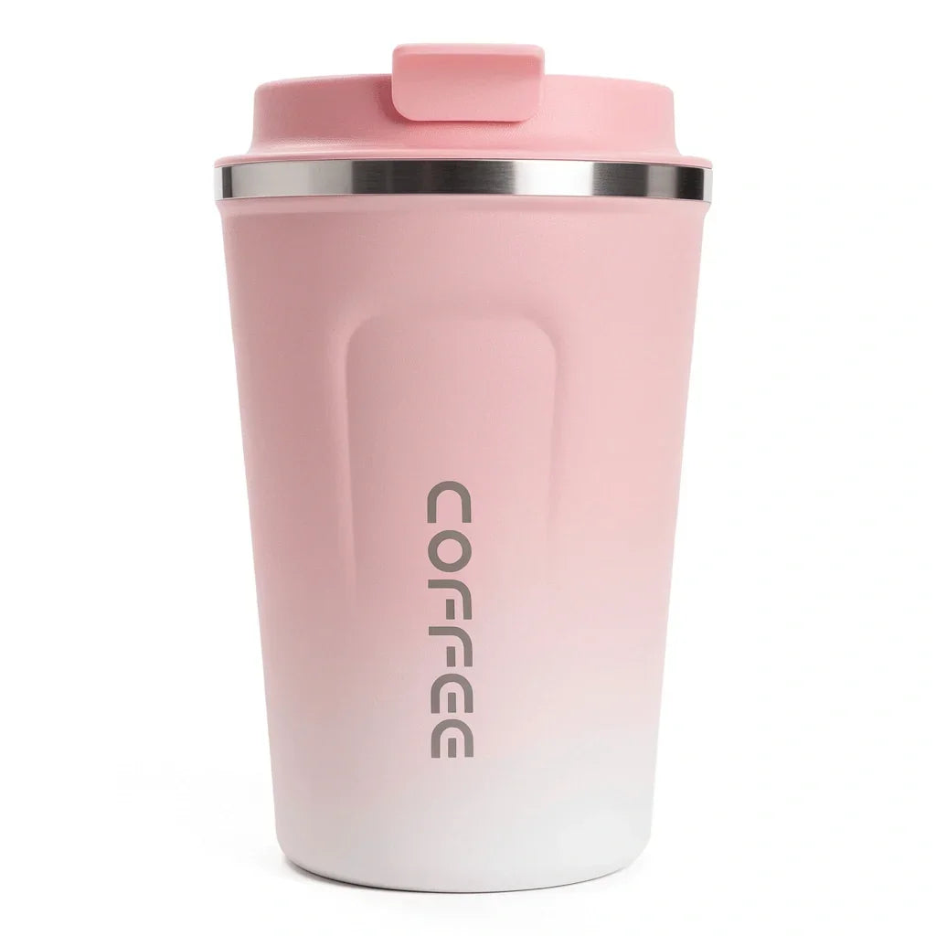 Pink travel coffee mug with lid, portable insulated cup for hot drinks, sleek design with COFFEE text