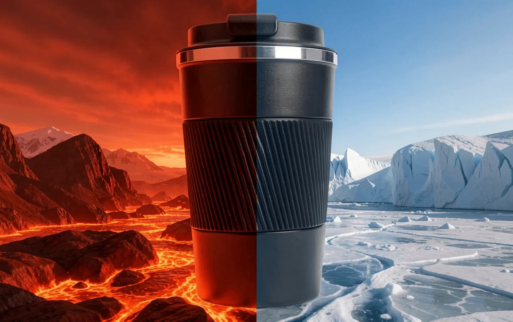 Insulated travel mug with lava and ice landscapes, showcasing heat and cold resistance.